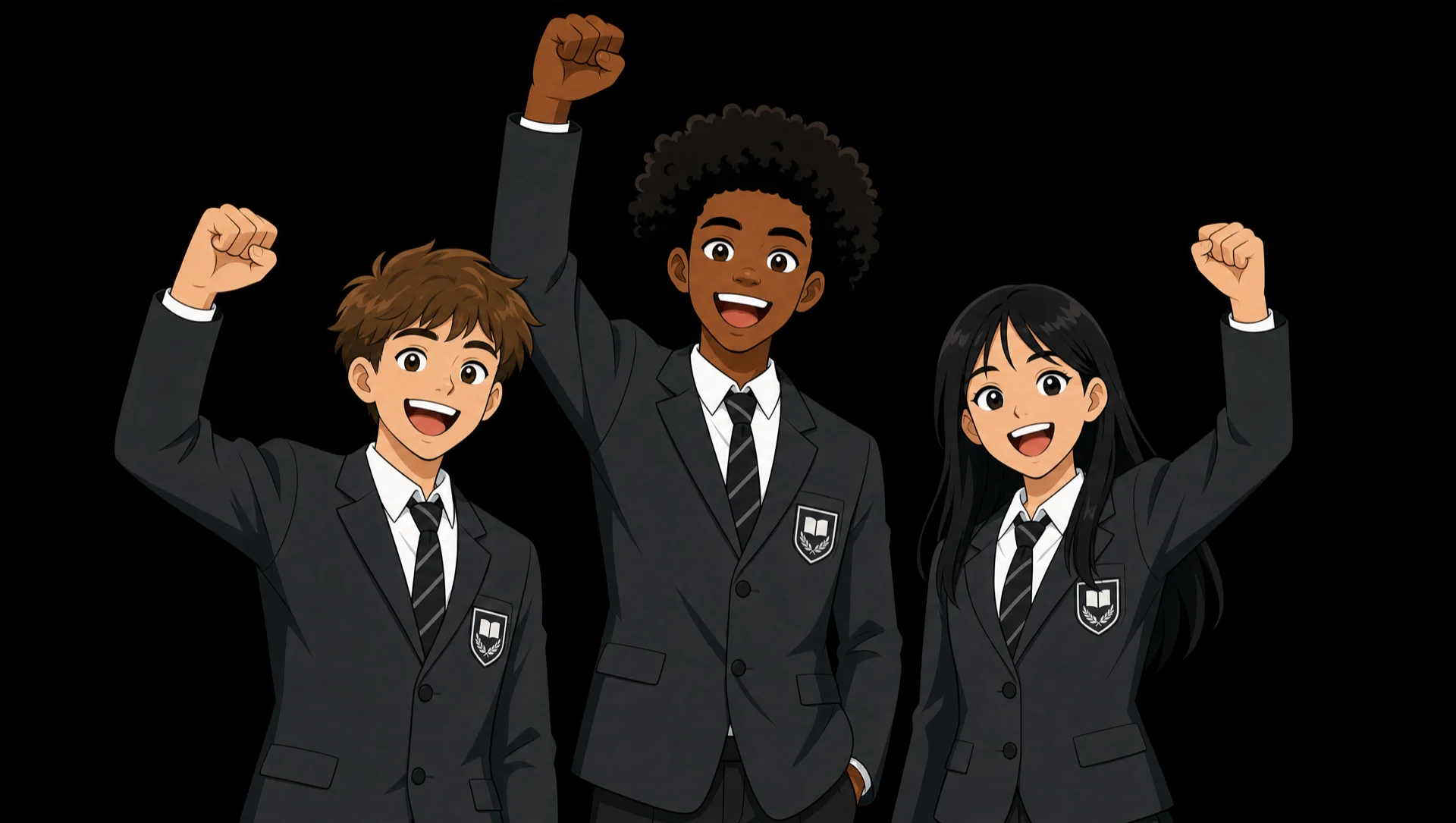 Three IB students in school blazers celebrating