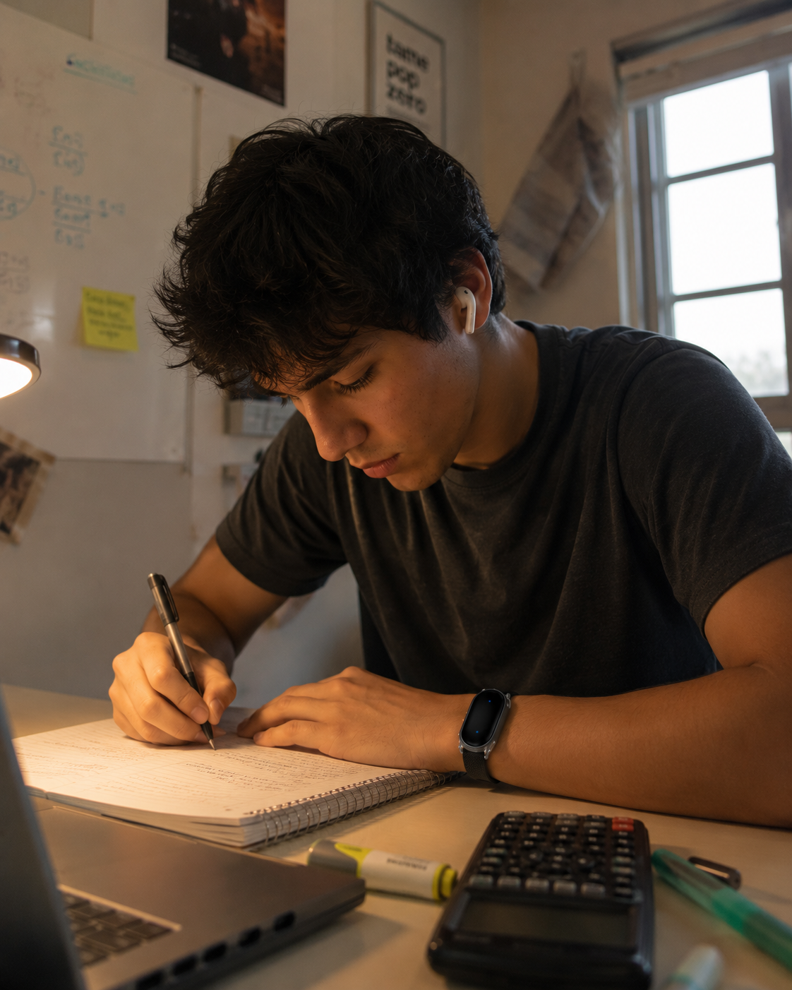 Student writing notes wearing Trace, warm desk lighting